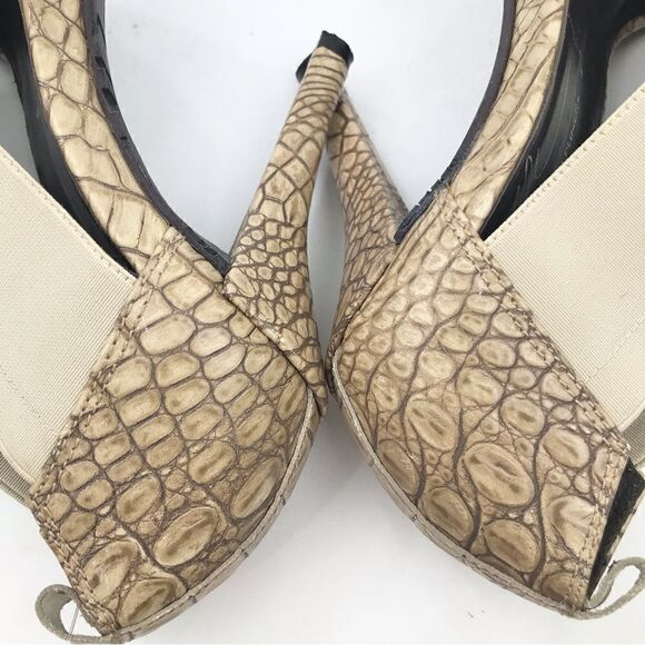 Donald J. Pliner Tan Crisscross Elastic Faux Crocodile Open Toe Heels - Picture 11 of 16